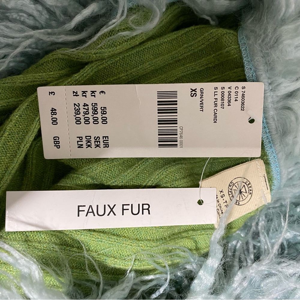 Urban Outfitters Cardigan Y2K Faux Fur Collar Cuffs Slim Fit Green XS Ribbed 90s - Picture 5 of 10